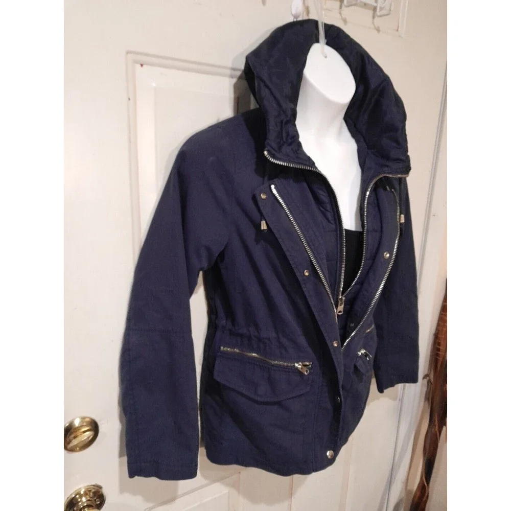 TOPSHOP Women's Navy Blue Hooded Puffer Winter Zip Up Jacket Sz 6